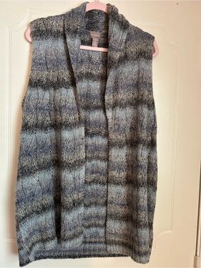 Chico GrayMulti-Stripe Open-Front Knit Vest Sweater